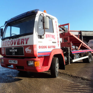 1996 MAN 10-153 recovery truck, Hiab 050 AW, removable top deck, hydraulic winch