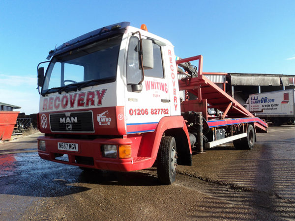 1996 MAN 10-153 recovery truck, Hiab 050 AW, removable top deck, hydraulic winch